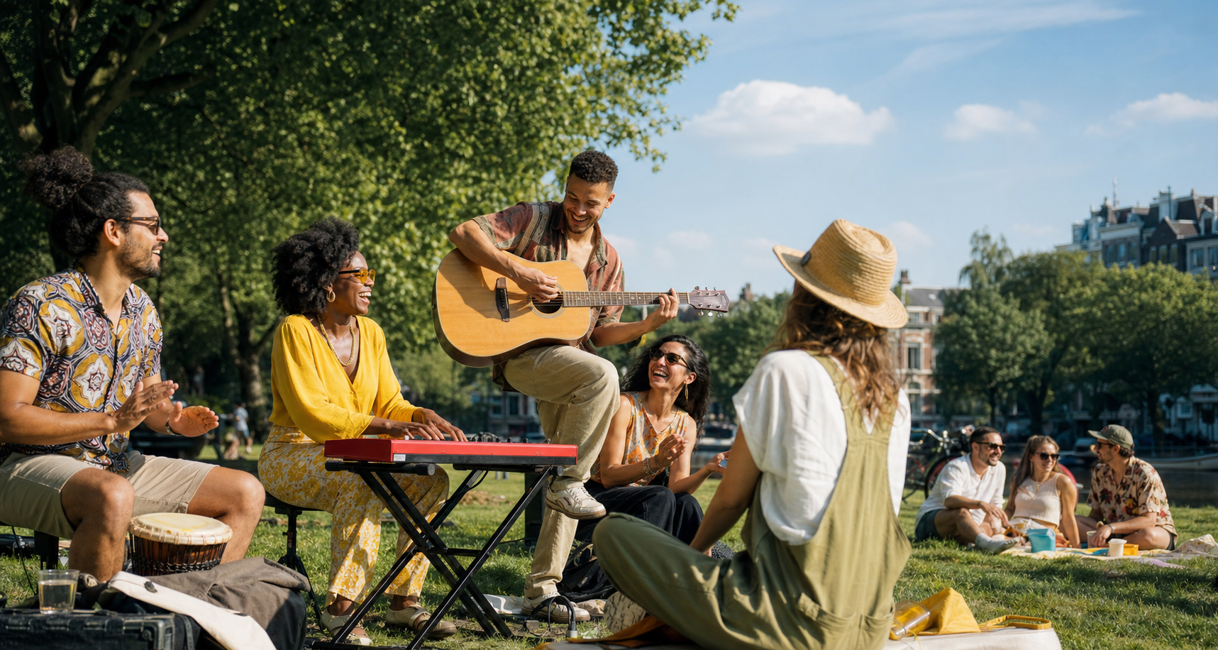 Vrienden maken samen muziek tijdens een zonnige jamsessie in een stadspark