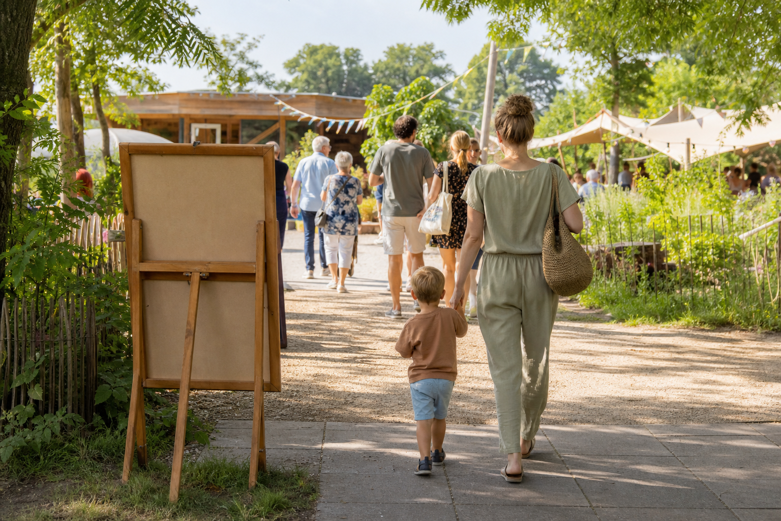 Bezoekers lopen via een brede route naar een zonnig evenemententerrein